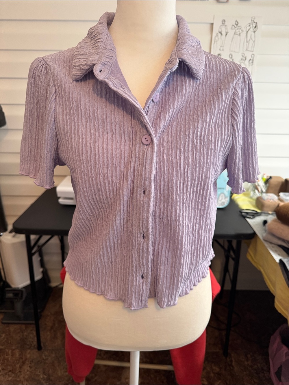 HYFVE Lavender Crinkle Short Sleeve Button-Up Top